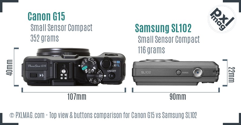 Canon G15 vs Samsung SL102 top view buttons comparison