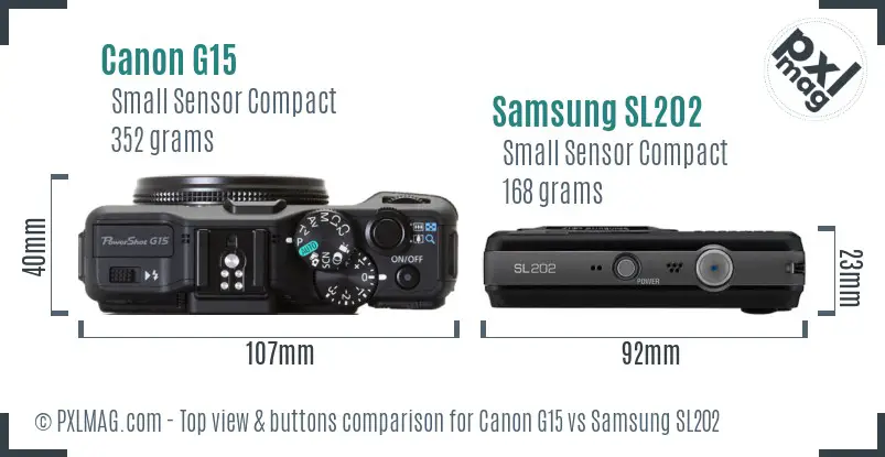 Canon G15 vs Samsung SL202 top view buttons comparison Canon G15 vs Samsung SL202 top view buttons comparison