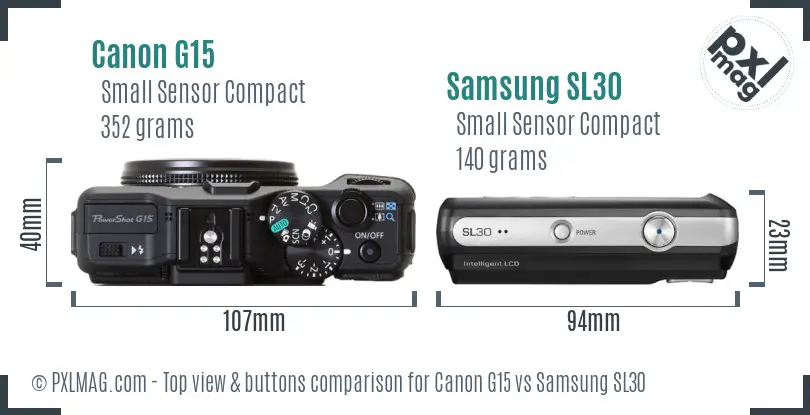 Canon G15 vs Samsung SL30 top view buttons comparison Canon G15 vs Samsung SL30 top view buttons comparison