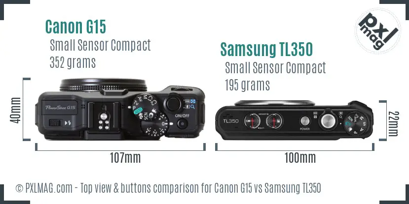 Canon G15 vs Samsung TL350 top view buttons comparison