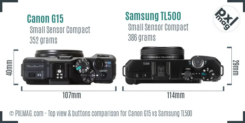 Canon G15 vs Samsung TL500 top view buttons comparison Canon G15 vs Samsung TL500 top view buttons comparison