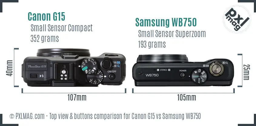 Canon G15 vs Samsung WB750 top view buttons comparison