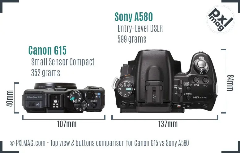 Canon G15 vs Sony A580 top view buttons comparison