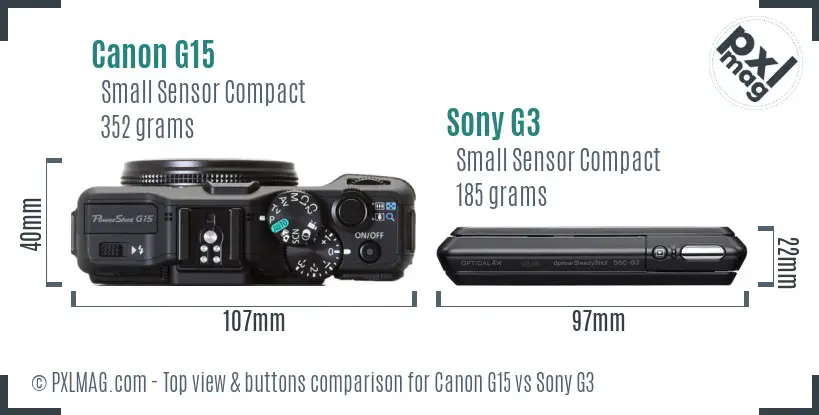 Canon G15 vs Sony G3 top view buttons comparison