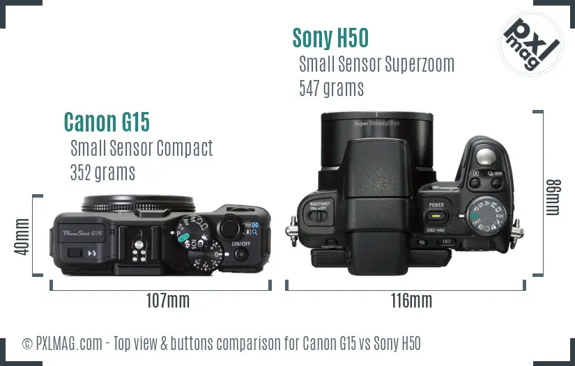Canon G15 vs Sony H50 top view buttons comparison