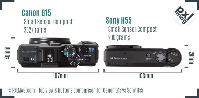 Canon G15 vs Sony H55 top view buttons comparison