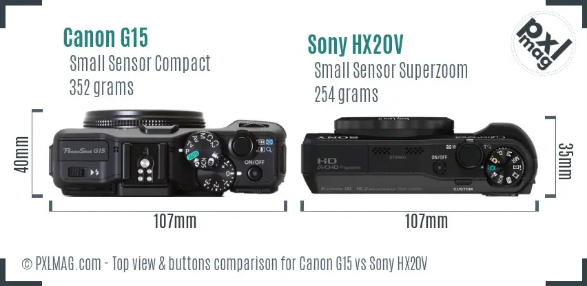 Canon G15 vs Sony HX20V top view buttons comparison