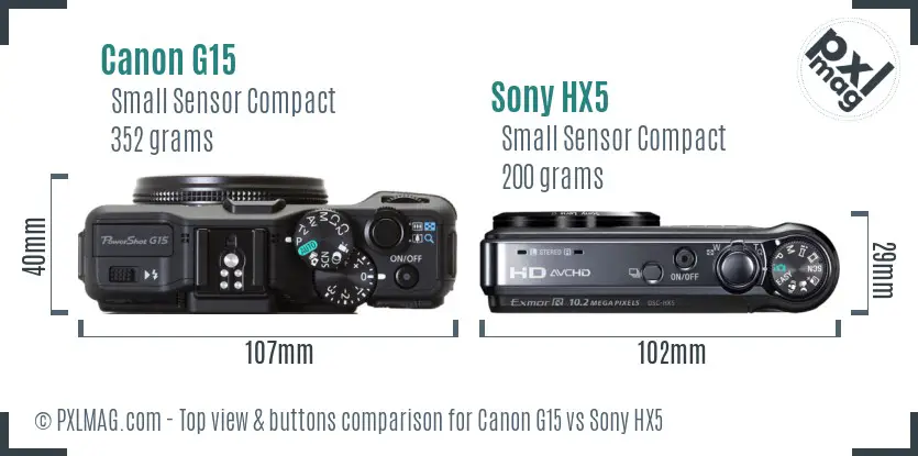 Canon G15 vs Sony HX5 top view buttons comparison