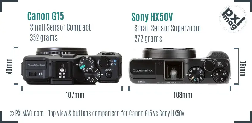 Canon G15 vs Sony HX50V top view buttons comparison