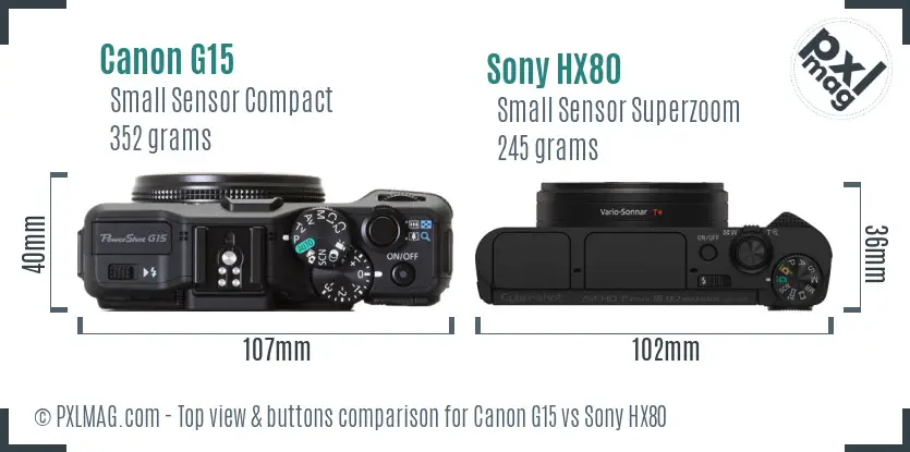 Canon G15 vs Sony HX80 top view buttons comparison