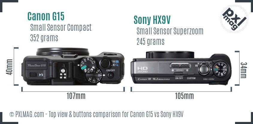 Canon G15 vs Sony HX9V top view buttons comparison
