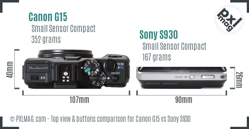 Canon G15 vs Sony S930 top view buttons comparison