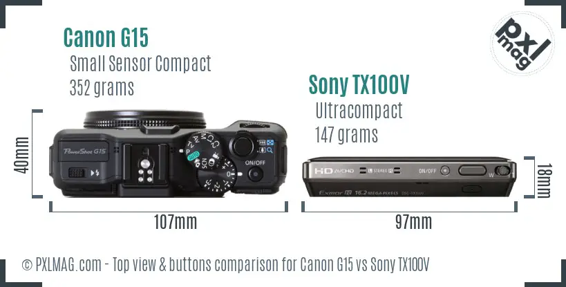 Canon G15 vs Sony TX100V top view buttons comparison