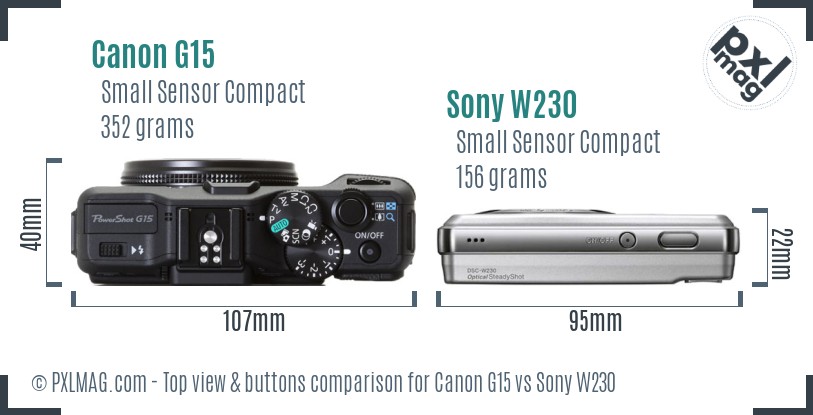 Canon G15 vs Sony W230 top view buttons comparison