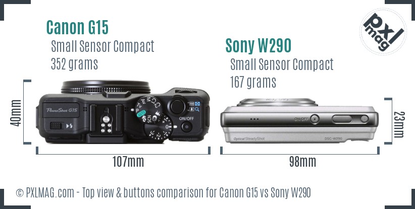 Canon G15 vs Sony W290 top view buttons comparison