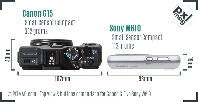 Canon G15 vs Sony W610 top view buttons comparison