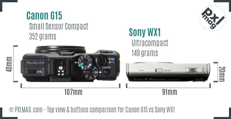 Canon G15 vs Sony WX1 top view buttons comparison