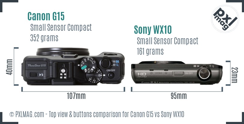 Canon G15 vs Sony WX10 top view buttons comparison