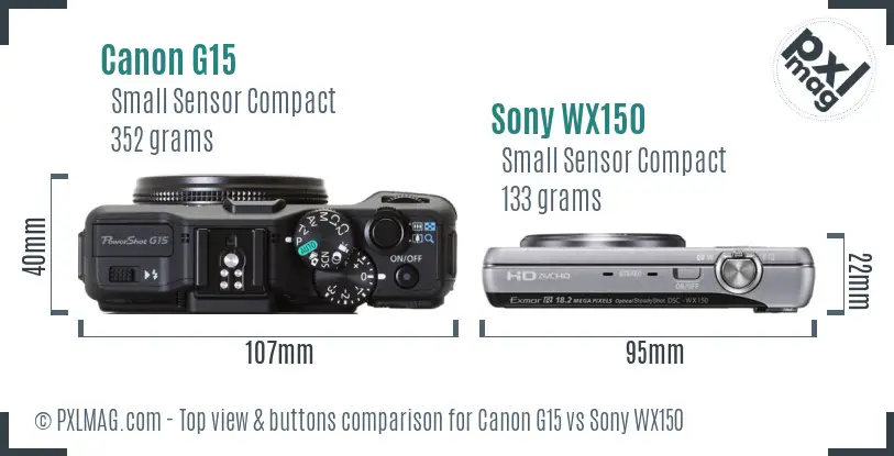 Canon G15 vs Sony WX150 top view buttons comparison