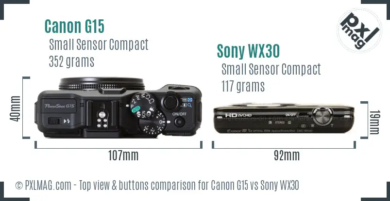 Canon G15 vs Sony WX30 top view buttons comparison