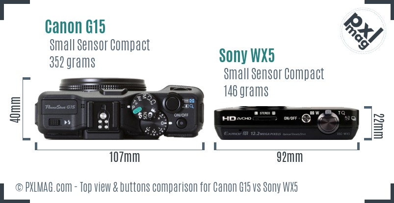 Canon G15 vs Sony WX5 top view buttons comparison