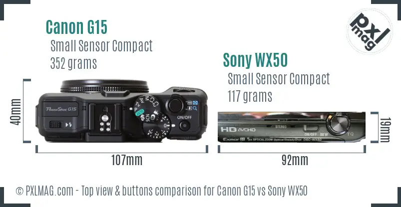 Canon G15 vs Sony WX50 top view buttons comparison