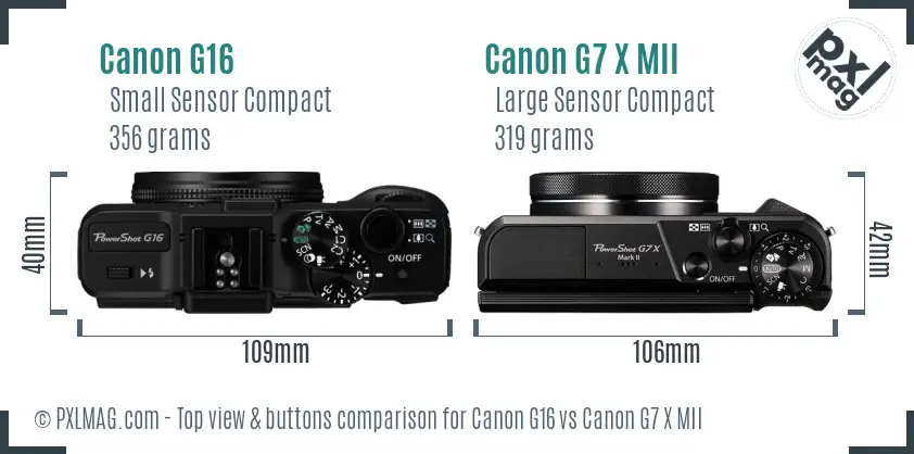 Canon G16 vs Canon G7 X MII top view buttons comparison Canon G16 vs Canon G7 X MII top view buttons comparison