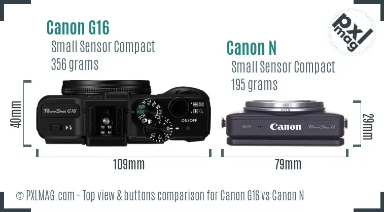 Canon G16 vs Canon N top view buttons comparison