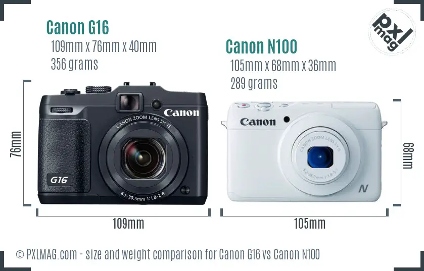 Canon G16 vs Canon N100 size comparison