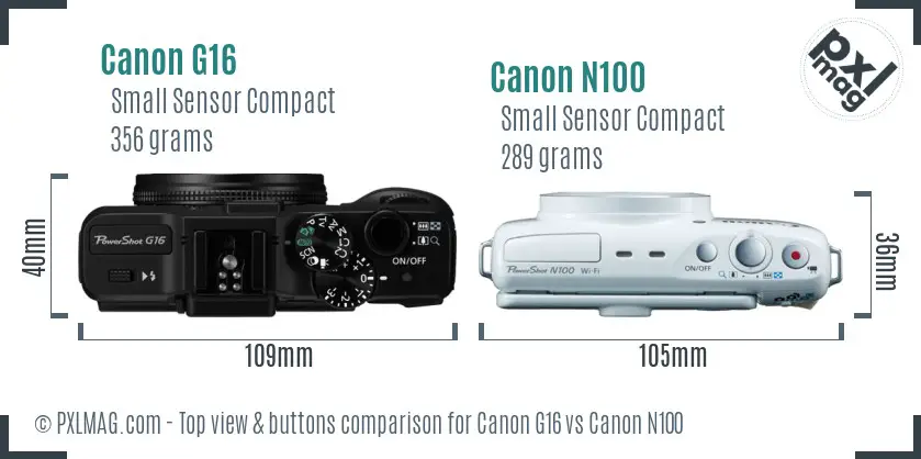 Canon G16 vs Canon N100 top view buttons comparison