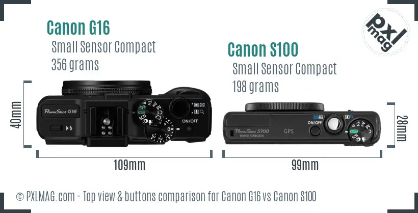 Canon G16 vs Canon S100 top view buttons comparison