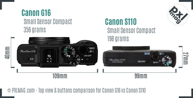 Canon G16 vs Canon S110 top view buttons comparison