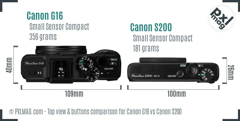 Canon G16 vs Canon S200 top view buttons comparison