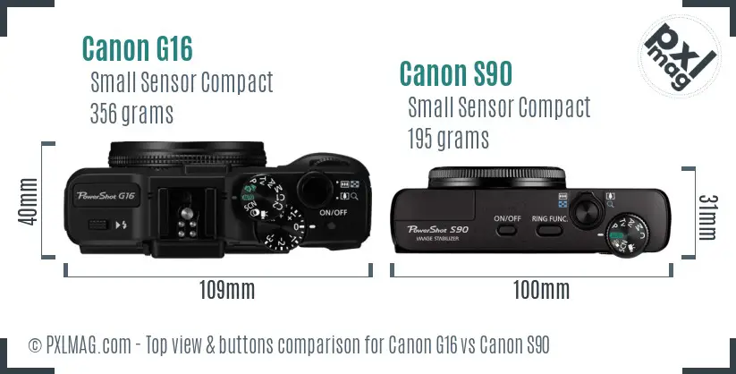 Canon G16 vs Canon S90 top view buttons comparison