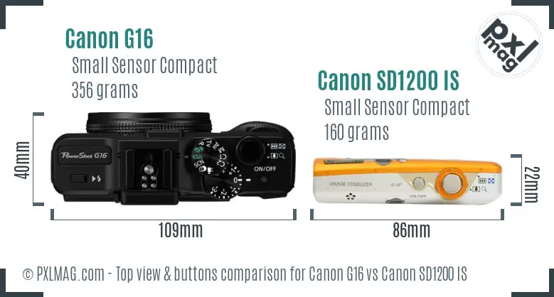 Canon G16 vs Canon SD1200 IS top view buttons comparison