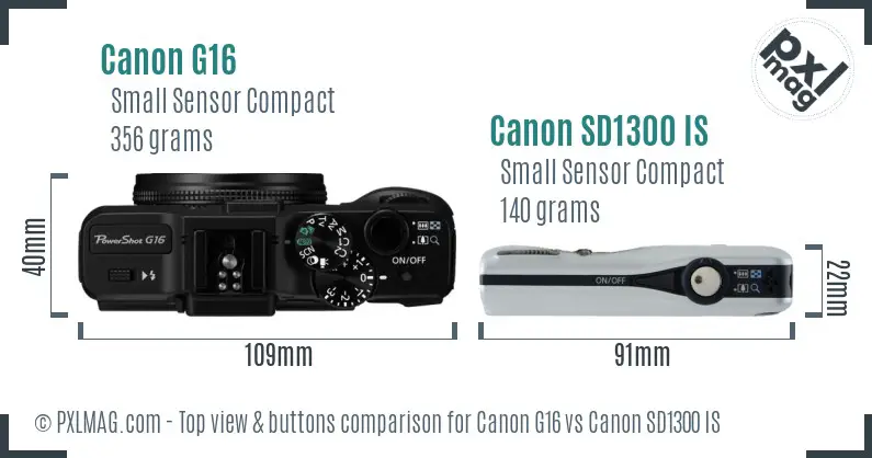 Canon G16 vs Canon SD1300 IS top view buttons comparison