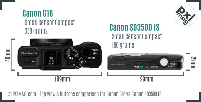 Canon G16 vs Canon SD3500 IS top view buttons comparison