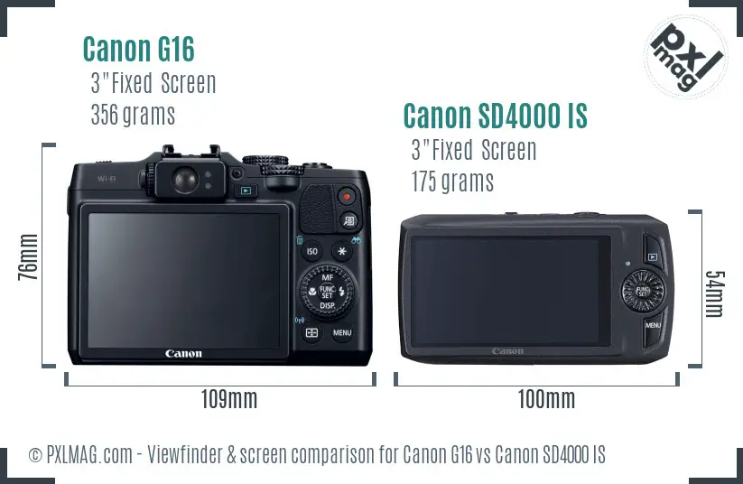 Canon G16 vs Canon SD4000 IS Screen and Viewfinder comparison