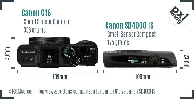 Canon G16 vs Canon SD4000 IS top view buttons comparison