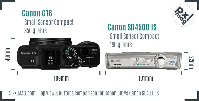 Canon G16 vs Canon SD4500 IS top view buttons comparison