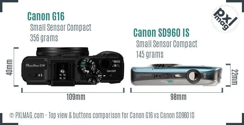 Canon G16 vs Canon SD960 IS top view buttons comparison