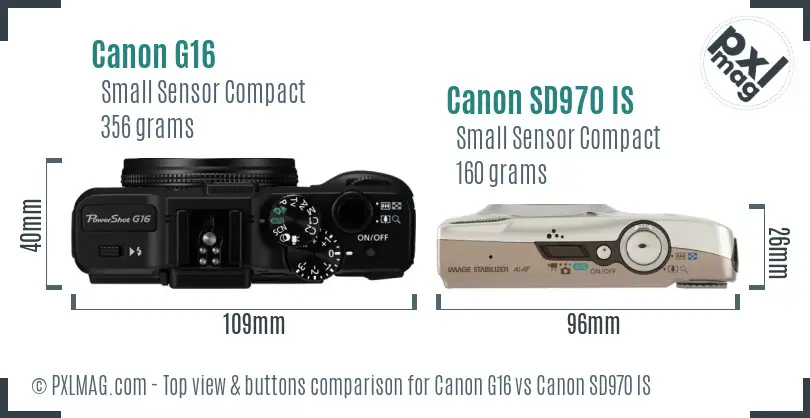 Canon G16 vs Canon SD970 IS top view buttons comparison