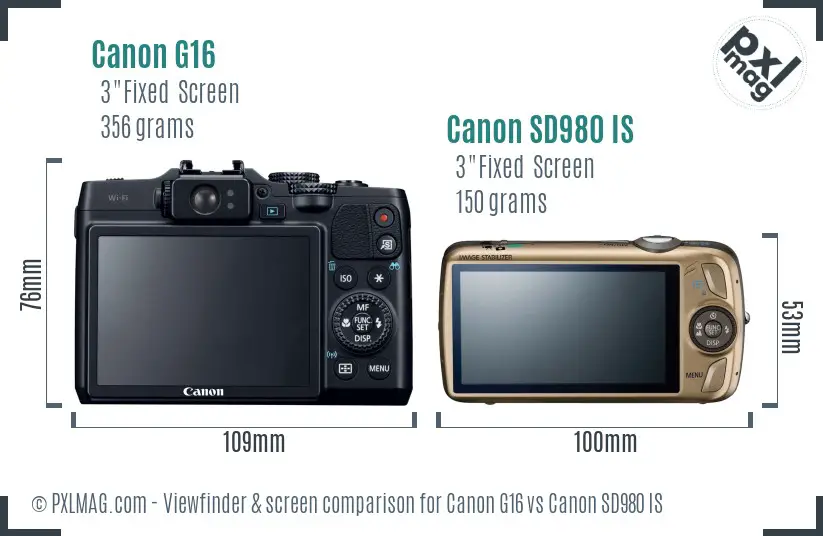 Canon G16 vs Canon SD980 IS Screen and Viewfinder comparison