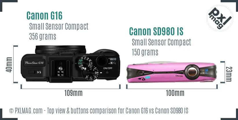 Canon G16 vs Canon SD980 IS top view buttons comparison
