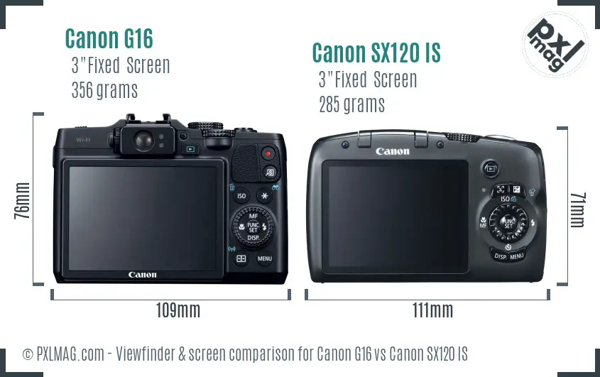 Canon G16 vs Canon SX120 IS Screen and Viewfinder comparison