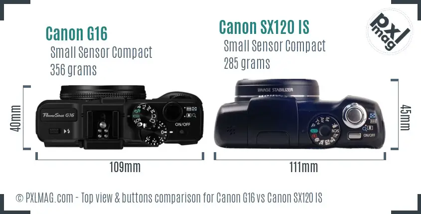 Canon G16 vs Canon SX120 IS top view buttons comparison