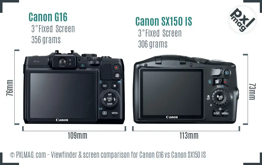 Canon G16 vs Canon SX150 IS Screen and Viewfinder comparison