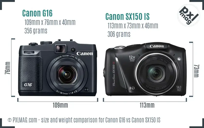 Canon G16 vs Canon SX150 IS size comparison