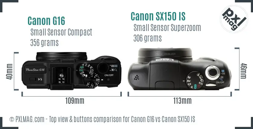 Canon G16 vs Canon SX150 IS top view buttons comparison