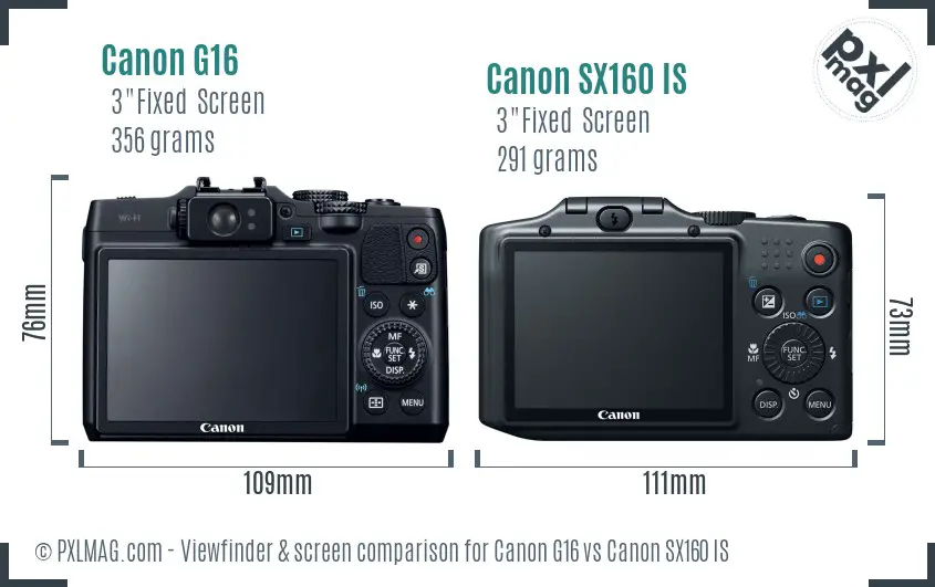 Canon G16 vs Canon SX160 IS Screen and Viewfinder comparison